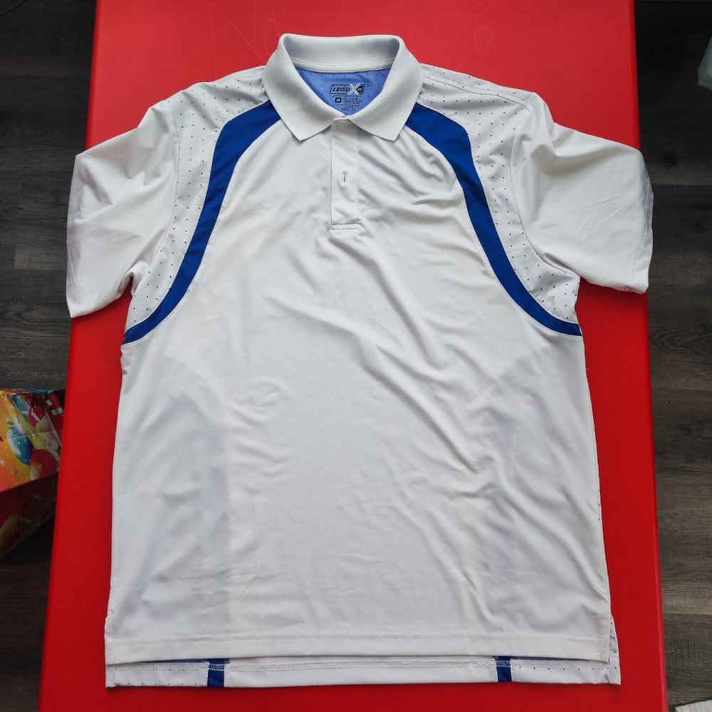 Izod XFG cool-fx white blue golf athletic shirt men's size M